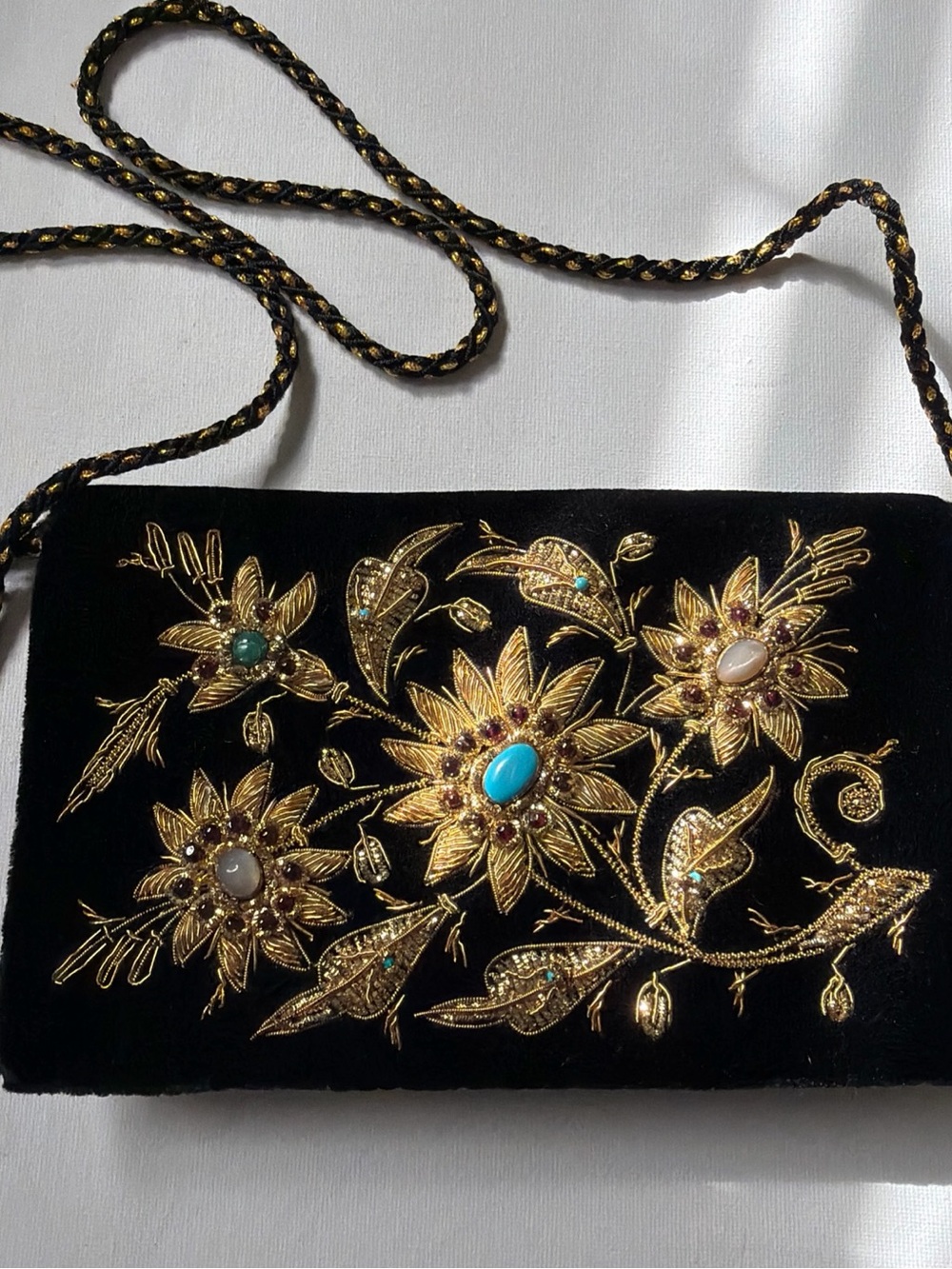 Black Velvet Embroidered Evening Clutch with Gold Floral Accents